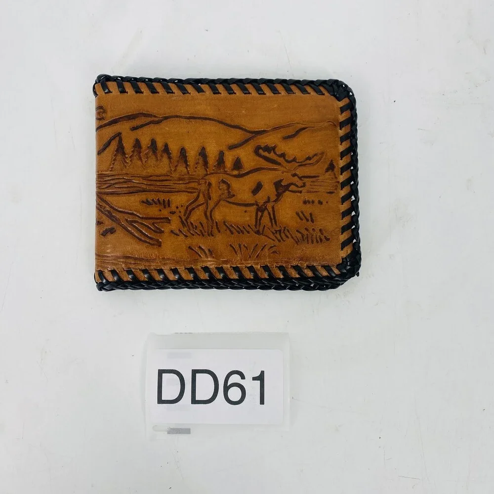 Handmade Vintage Tooled Leather Moose Wallet Mountains & Trees Forrest Brown